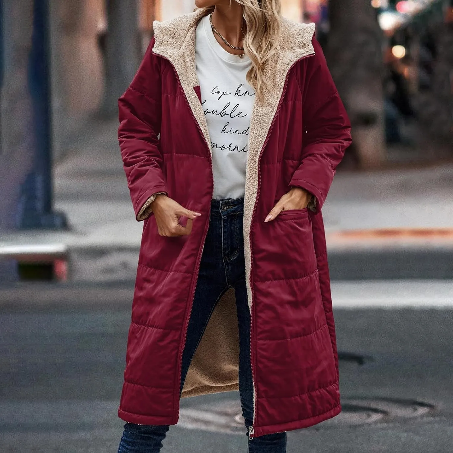 Women's Long Winter Coats Fleece Lined Reversible Hooded Puffer Jackets Windbreaker Full Zip Shearling Warm Down Coat