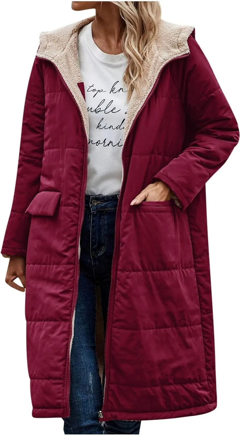 Women's Long Winter Coats Fleece Lined Reversible Hooded Puffer Jackets Windbreaker Full Zip Shearling Warm Down Coat