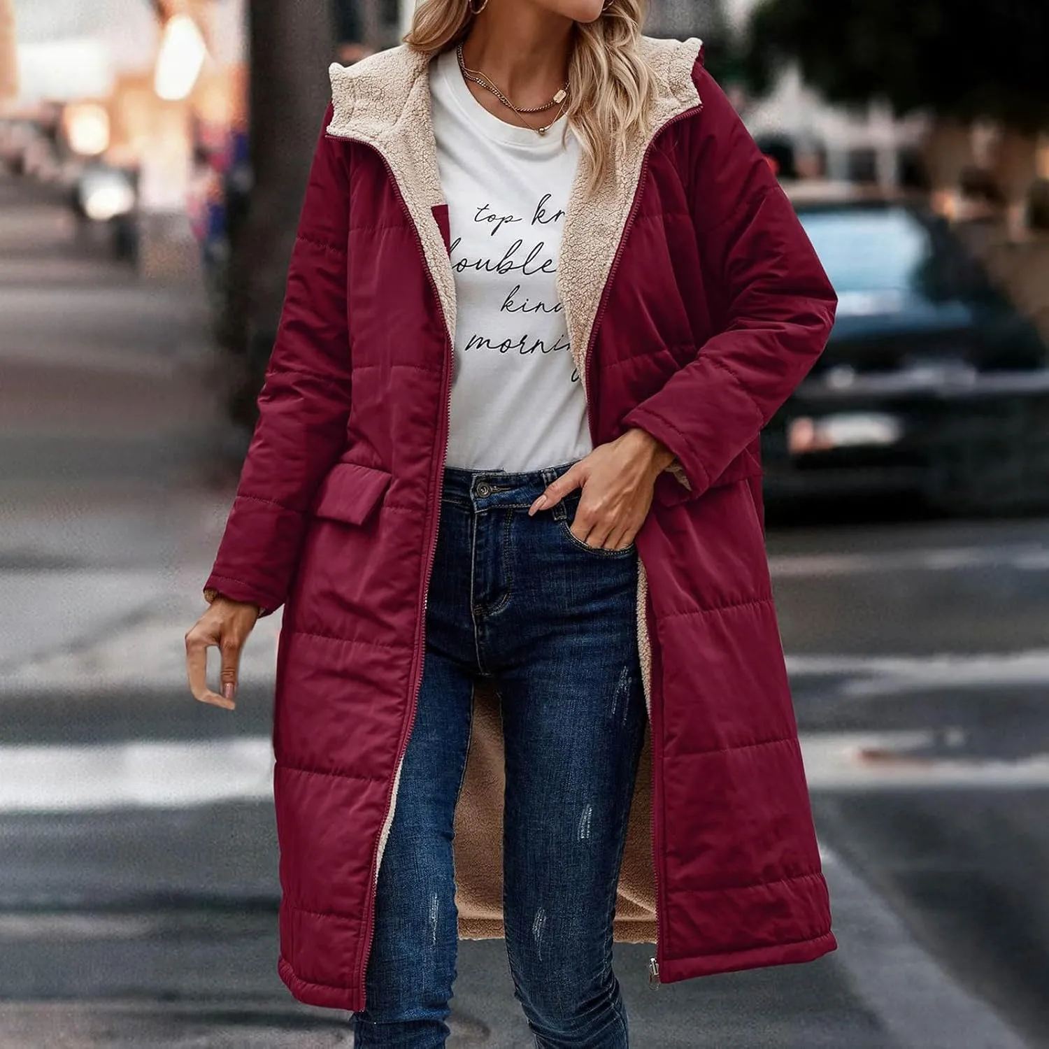 Women's Long Winter Coats Fleece Lined Reversible Hooded Puffer Jackets Windbreaker Full Zip Shearling Warm Down Coat
