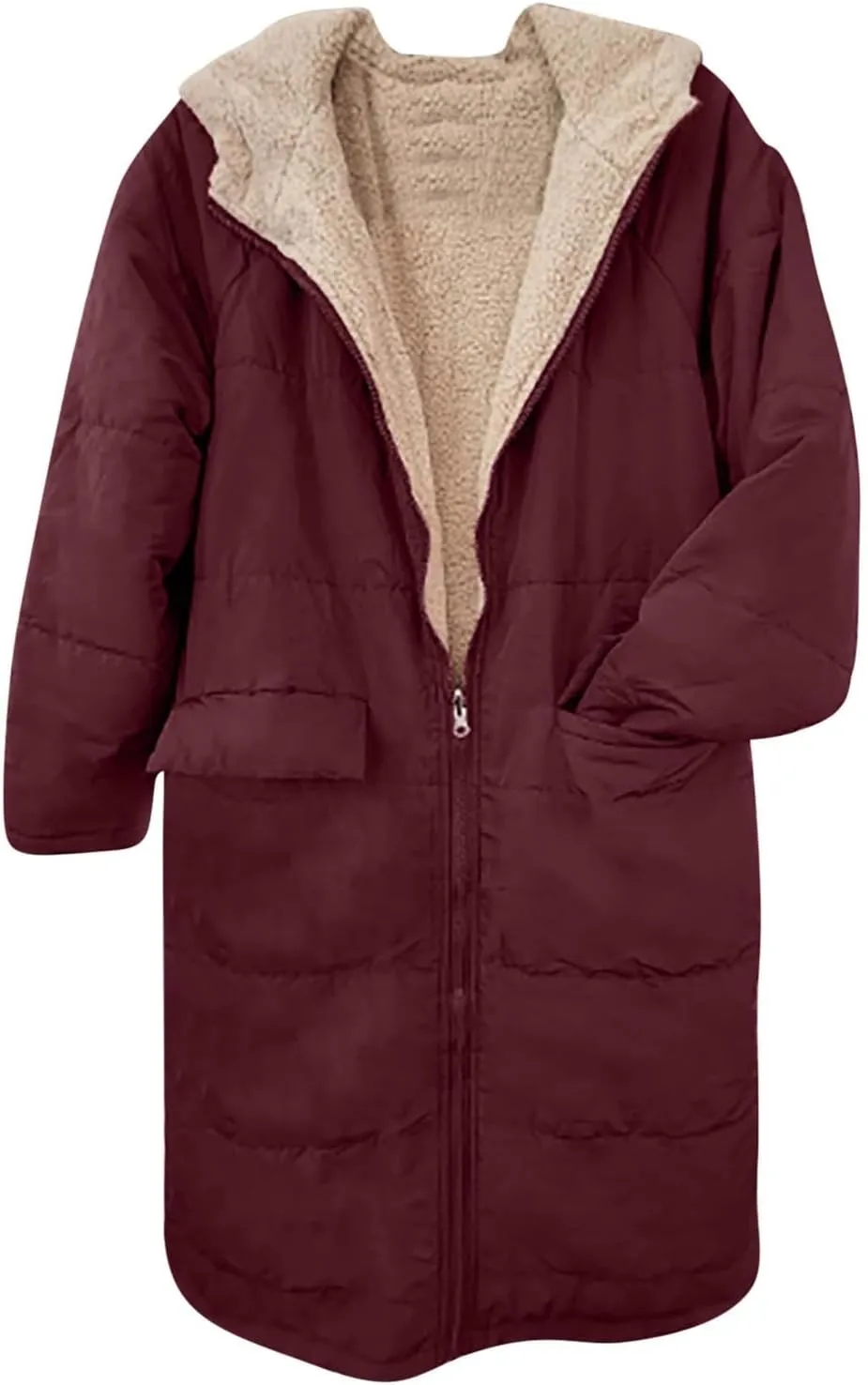 Women's Long Winter Coats Fleece Lined Reversible Hooded Puffer Jackets Windbreaker Full Zip Shearling Warm Down Coat
