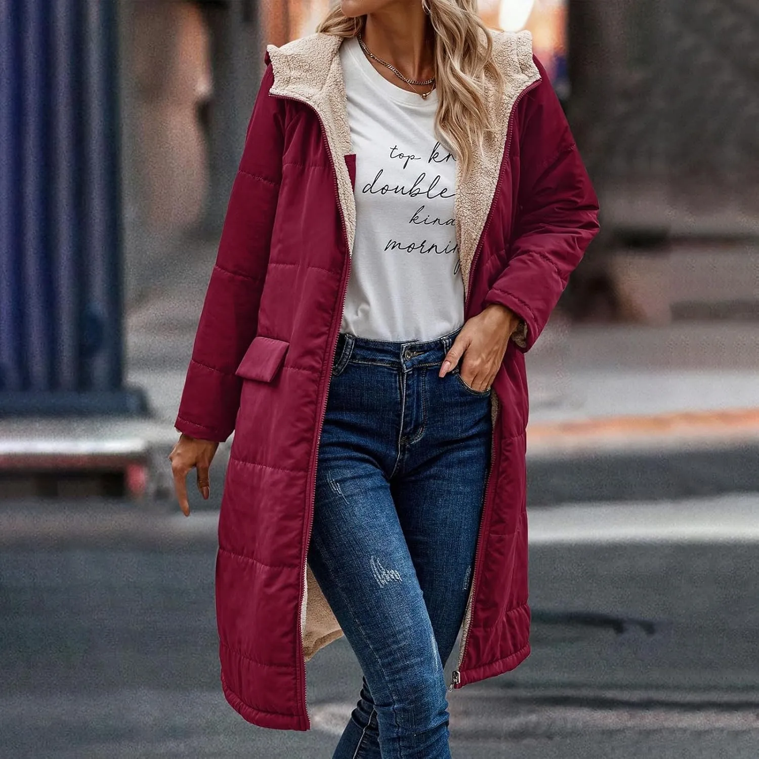 Women's Long Winter Coats Fleece Lined Reversible Hooded Puffer Jackets Windbreaker Full Zip Shearling Warm Down Coat