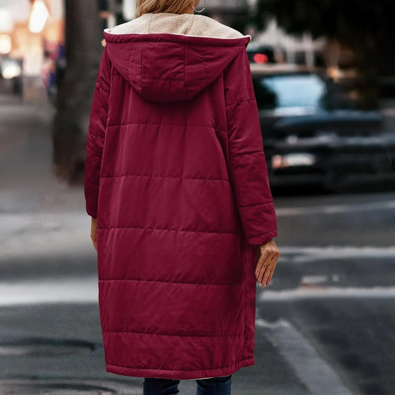 Women's Long Winter Coats Fleece Lined Reversible Hooded Puffer Jackets Windbreaker Full Zip Shearling Warm Down Coat