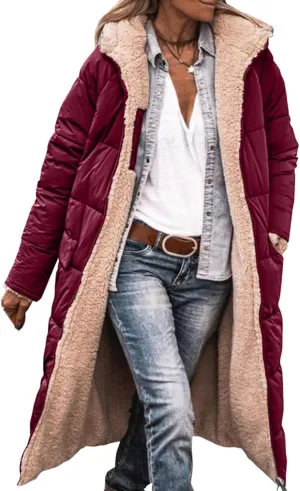 Women's Long Winter Coats Fleece Lined Reversible Hooded Puffer Jackets Windbreaker Full Zip Shearling Warm Down Coat