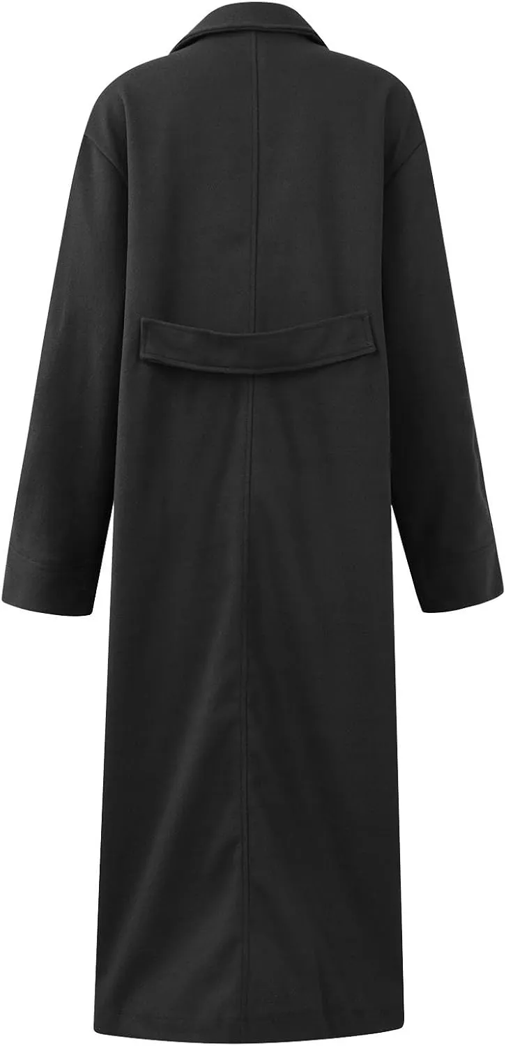 Womens Maxi Wool Blend Trench Coat Elegant Notched Collar Double Breasted Pea Coat Business Casual Office Overcoat
