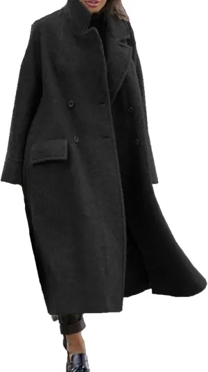 Womens Maxi Wool Blend Trench Coat Elegant Notched Collar Double Breasted Pea Coat Business Casual Office Overcoat