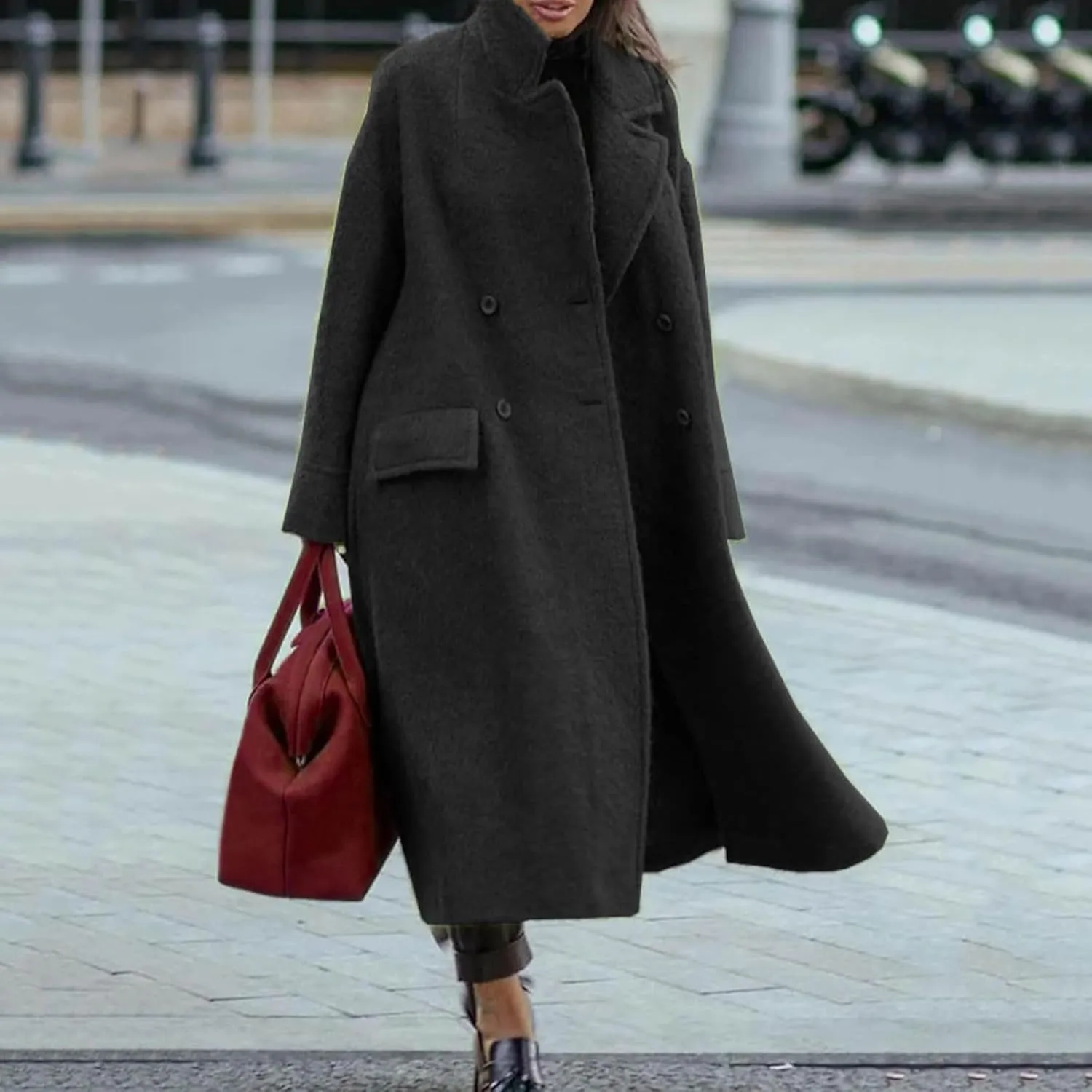 Womens Maxi Wool Blend Trench Coat Elegant Notched Collar Double Breasted Pea Coat Business Casual Office Overcoat