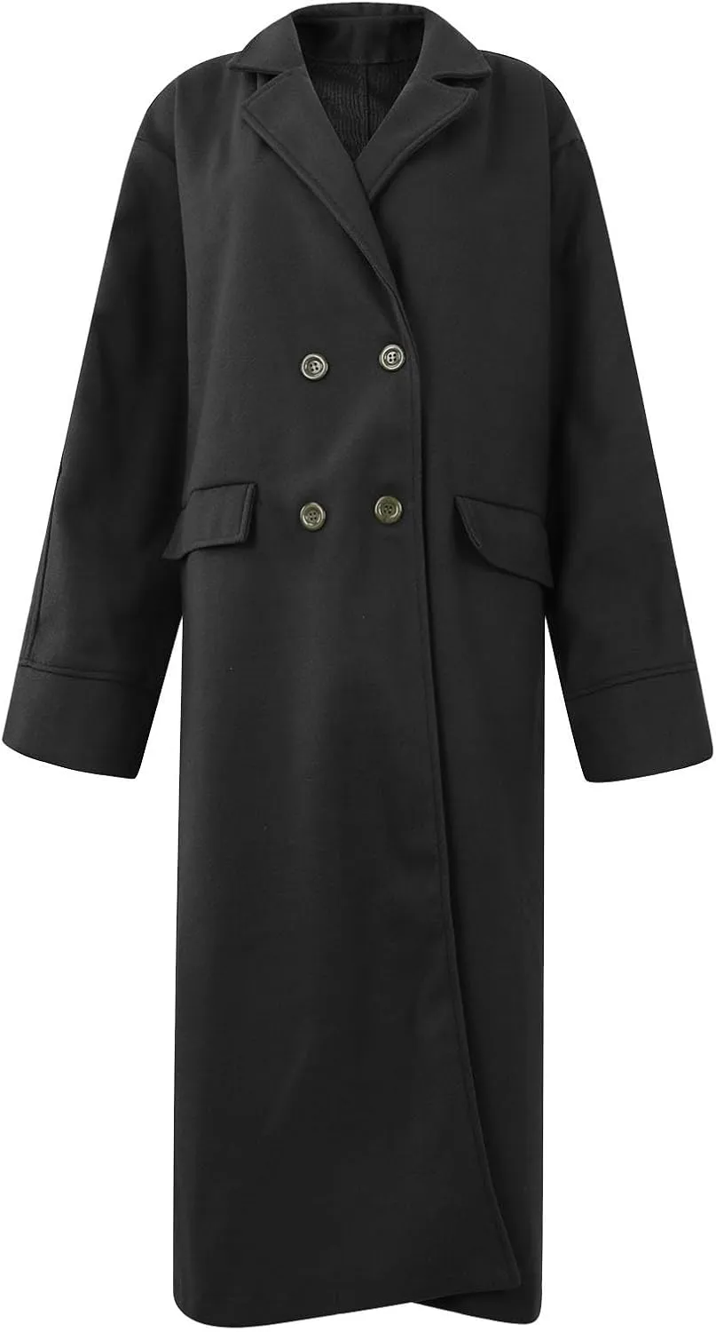 Womens Maxi Wool Blend Trench Coat Elegant Notched Collar Double Breasted Pea Coat Business Casual Office Overcoat