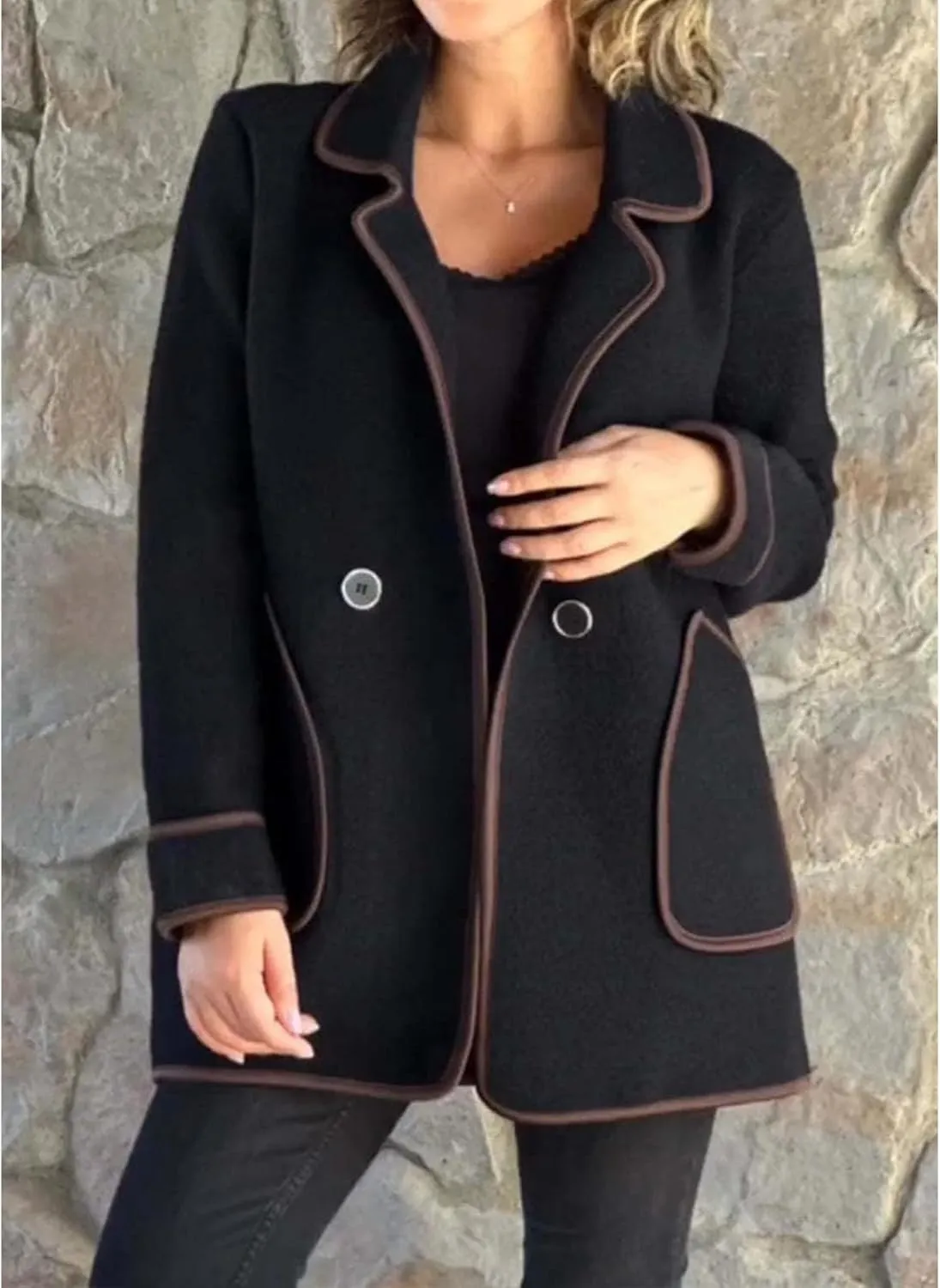 Women's Notch Lapel Coats Casual Button Down Trench Coats Double Breasted Cropped Blend Pea Coat Overcoat