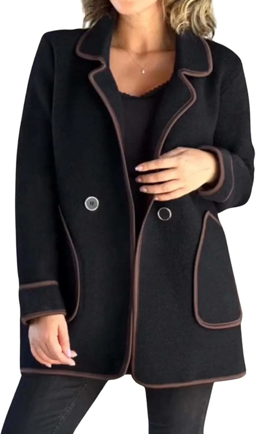Women's Notch Lapel Coats Casual Button Down Trench Coats Double Breasted Cropped Blend Pea Coat Overcoat