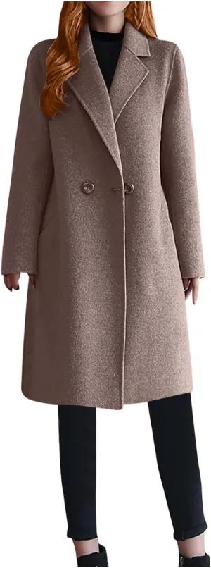 Women's Notch Lapel Wool Blend Mid Long Pea Coat One Button Trench Coat Business Work Office Winter Jacket Overcoat