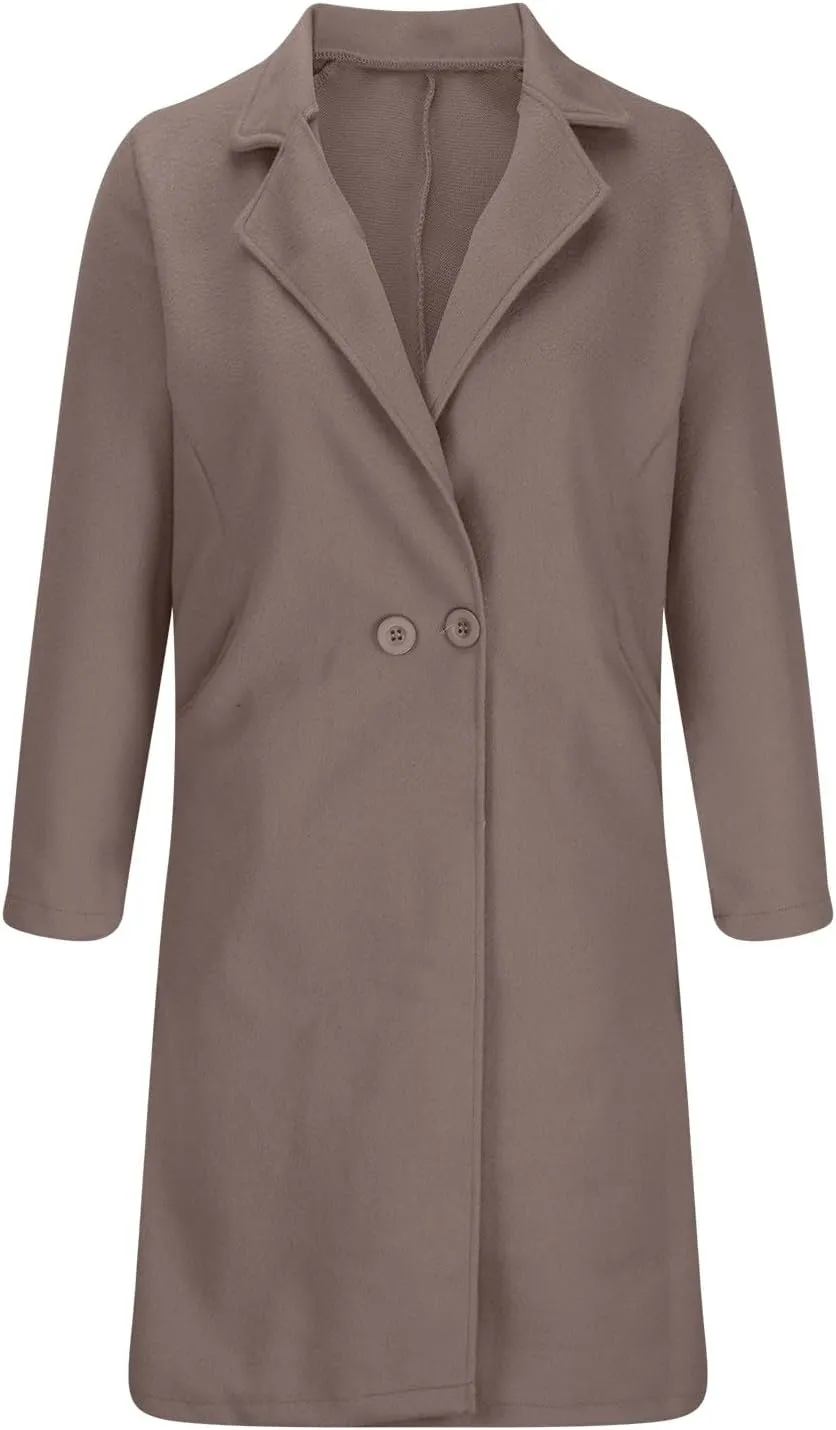 Women's Notch Lapel Wool Blend Mid Long Pea Coat One Button Trench Coat Business Work Office Winter Jacket Overcoat