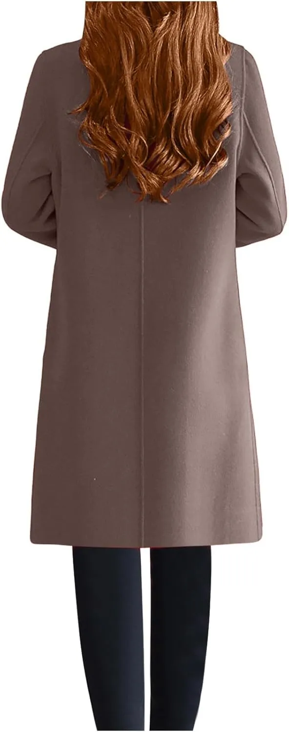 Women's Notch Lapel Wool Blend Mid Long Pea Coat One Button Trench Coat Business Work Office Winter Jacket Overcoat