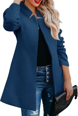 Womens Open Front Jackets Casual Basic Stand Collar Jackets Long Sleeve Trench Coats Warm Winter Coats Wool Pea Coat