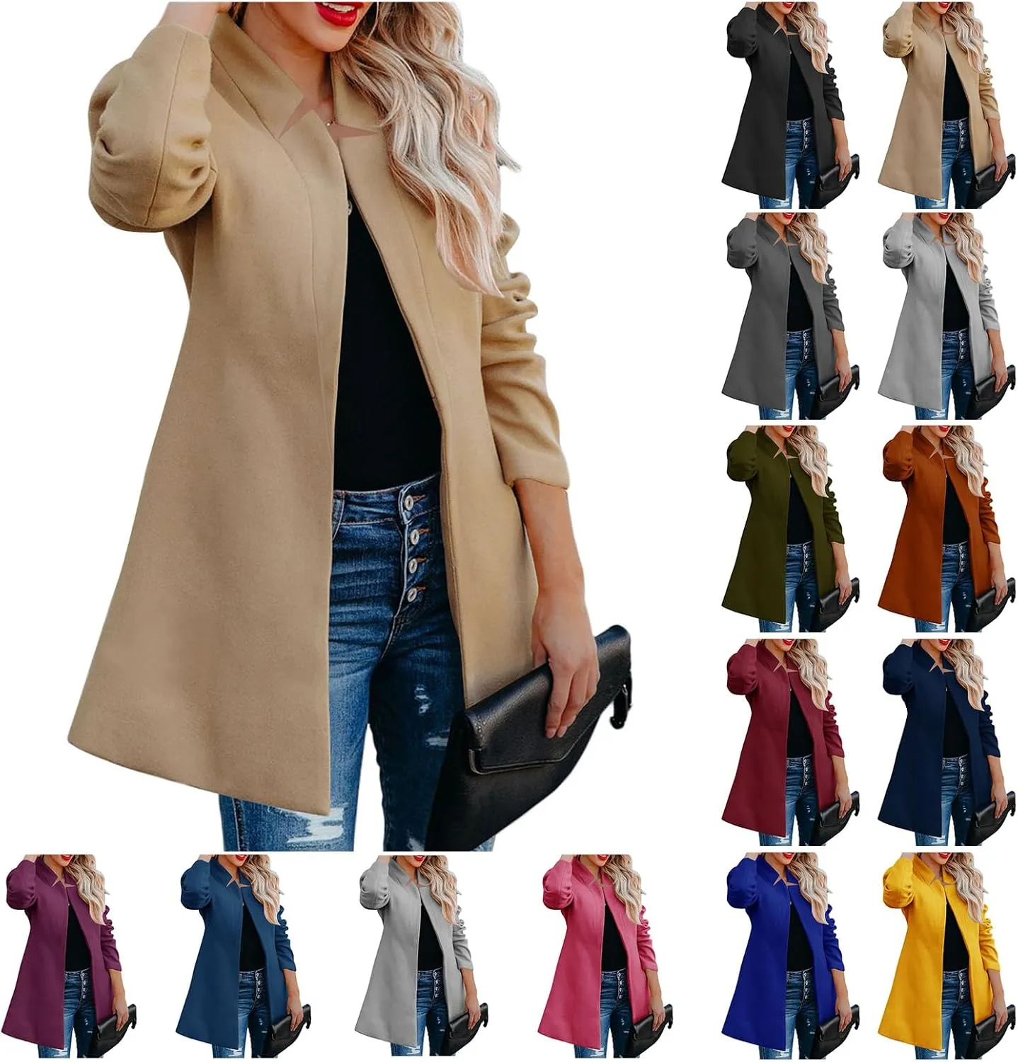 Womens Open Front Jackets Casual Basic Stand Collar Jackets Long Sleeve Trench Coats Warm Winter Coats Wool Pea Coat