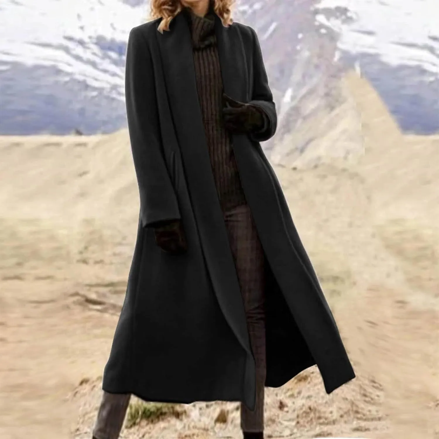 Women's Open Front Long Trench Coat Lapel Wool Blend Overcoat Fall Winter Dressy Pea Coats Windproof Outerwear
