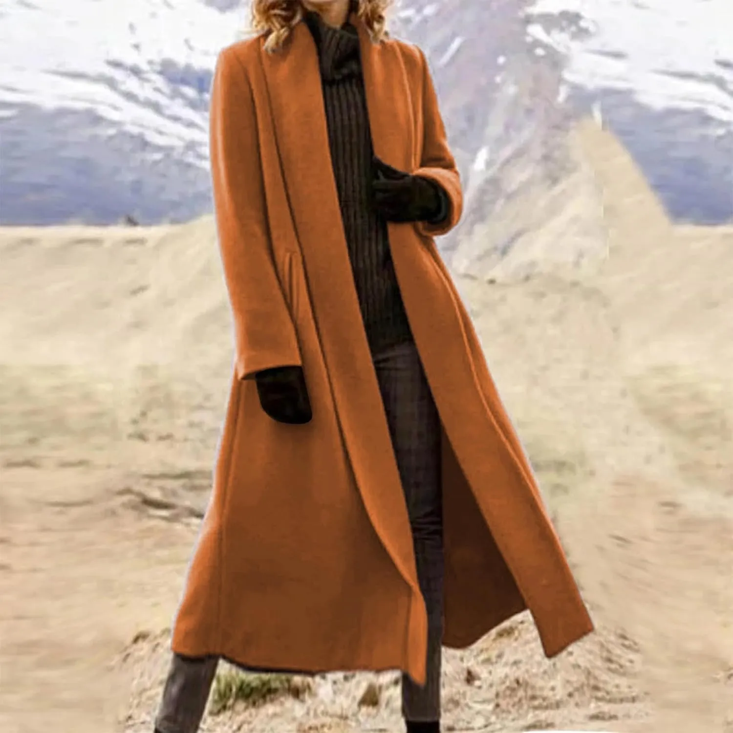 Women's Open Front Long Trench Coat Lapel Wool Blend Overcoat Fall Winter Dressy Pea Coats Windproof Outerwear