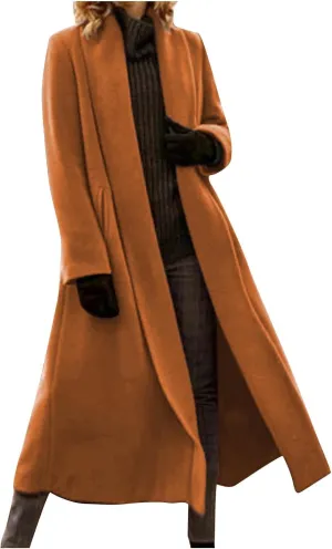 Women's Open Front Long Trench Coat Lapel Wool Blend Overcoat Fall Winter Dressy Pea Coats Windproof Outerwear