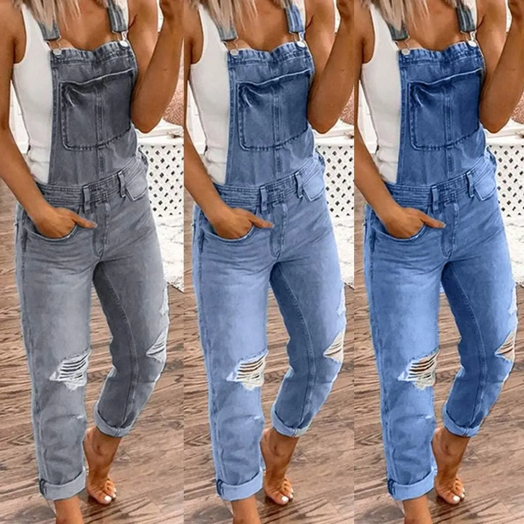 Womens Overalls Denim Stretch Straight Leg Jeans Denim Jumpsuits Ripped Distressed Skinny Jeans Bib Overalls Rompers