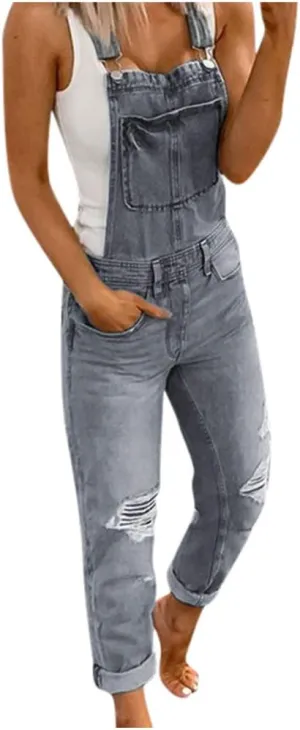 Womens Overalls Denim Stretch Straight Leg Jeans Denim Jumpsuits Ripped Distressed Skinny Jeans Bib Overalls Rompers