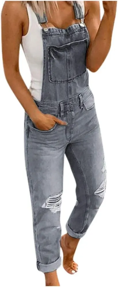 Womens Overalls Denim Stretch Straight Leg Jeans Denim Jumpsuits Ripped Distressed Skinny Jeans Bib Overalls Rompers