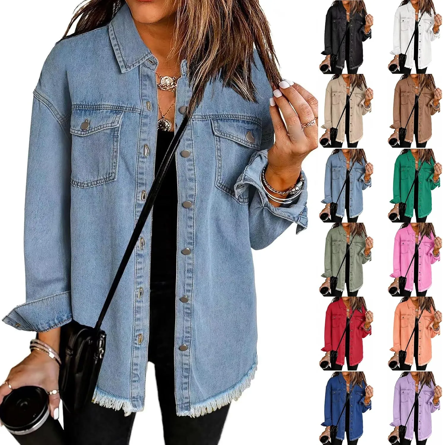 Women's Oversized Denim Jacket Frayed Hem Shacket Casual Long Boyfriend Distresse Jean Jacket Outwear with Pockets