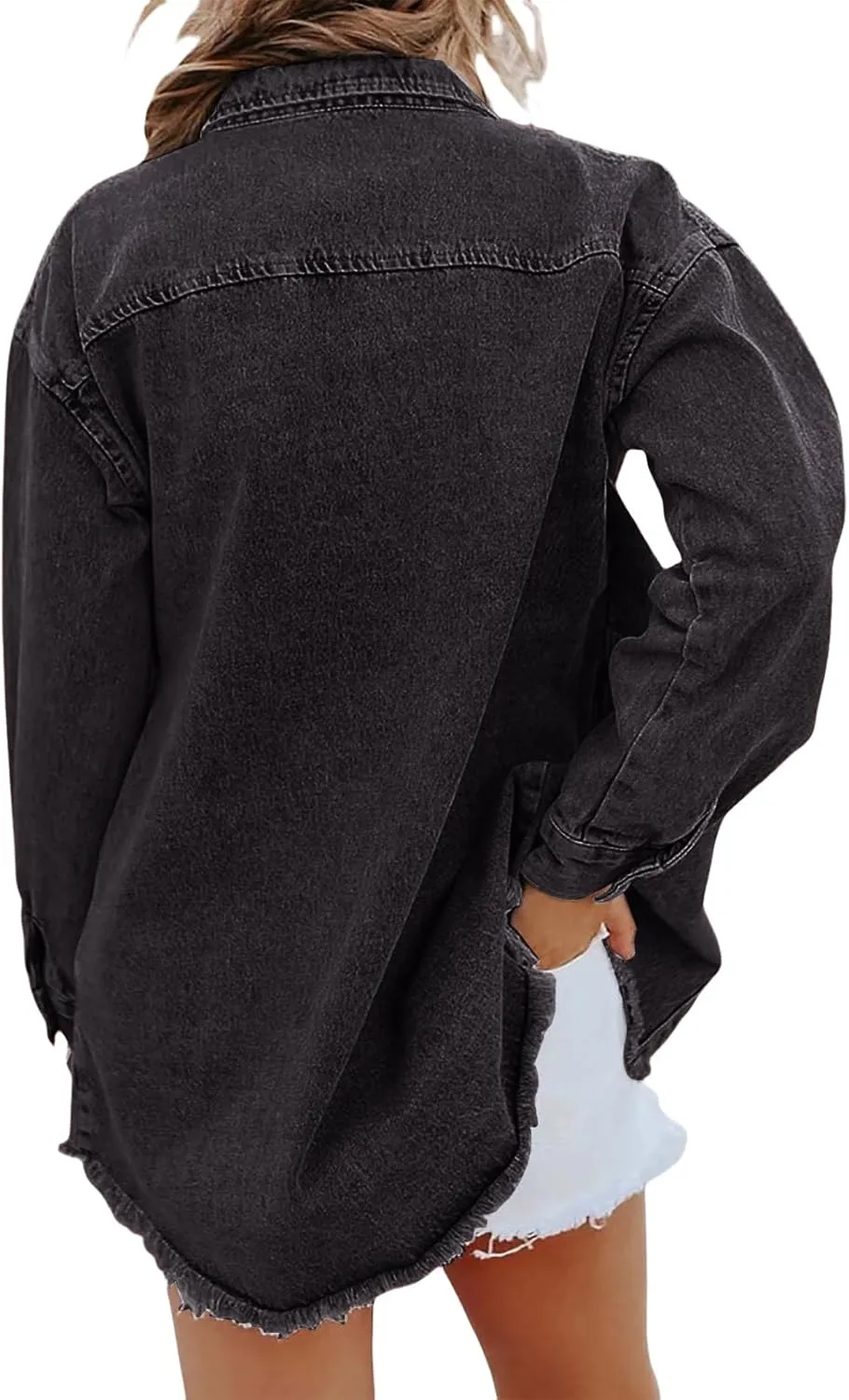 Women's Oversized Denim Jacket Frayed Hem Shacket Casual Long Boyfriend Distresse Jean Jacket Outwear with Pockets