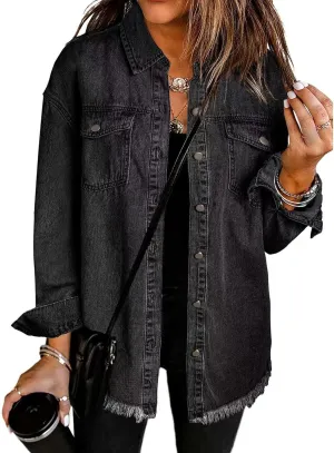 Women's Oversized Denim Jacket Frayed Hem Shacket Casual Long Boyfriend Distresse Jean Jacket Outwear with Pockets