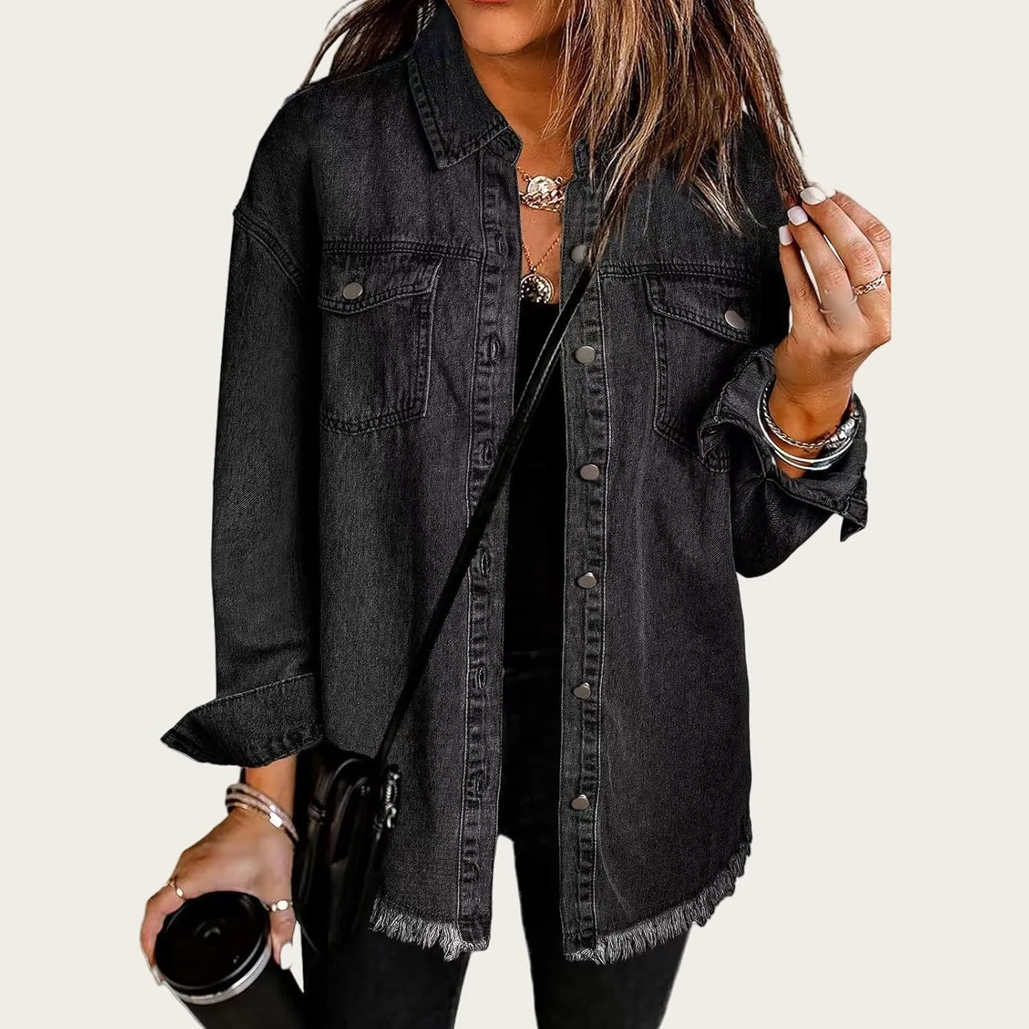 Women's Oversized Denim Jacket Frayed Hem Shacket Casual Long Boyfriend Distresse Jean Jacket Outwear with Pockets