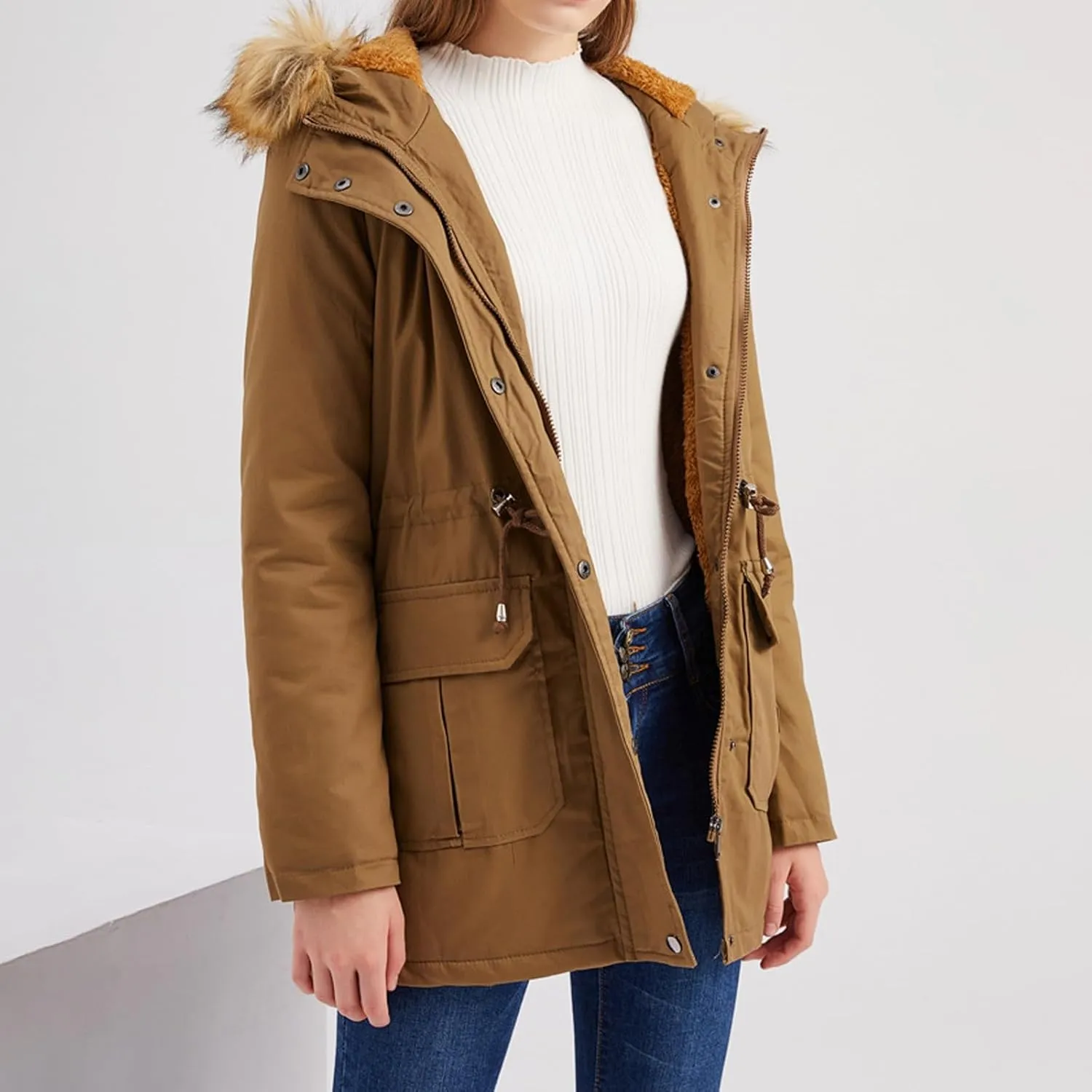 Women's Packable Lightweight Puffer Jacket Ladies Padded Thermal Overcoat with Faux Hooded Waterproof Faux Fur