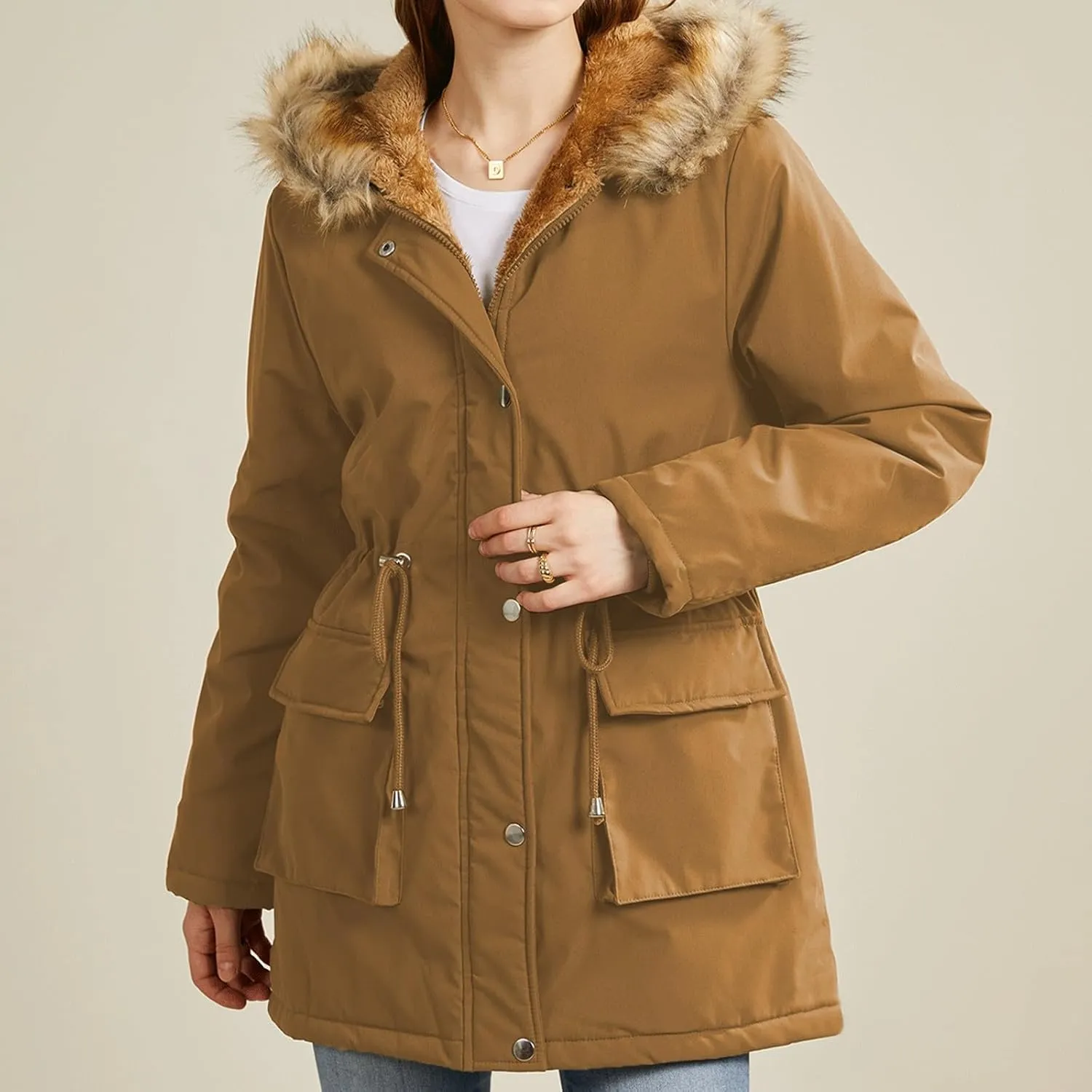 Women's Packable Lightweight Puffer Jacket Ladies Padded Thermal Overcoat with Faux Hooded Waterproof Faux Fur