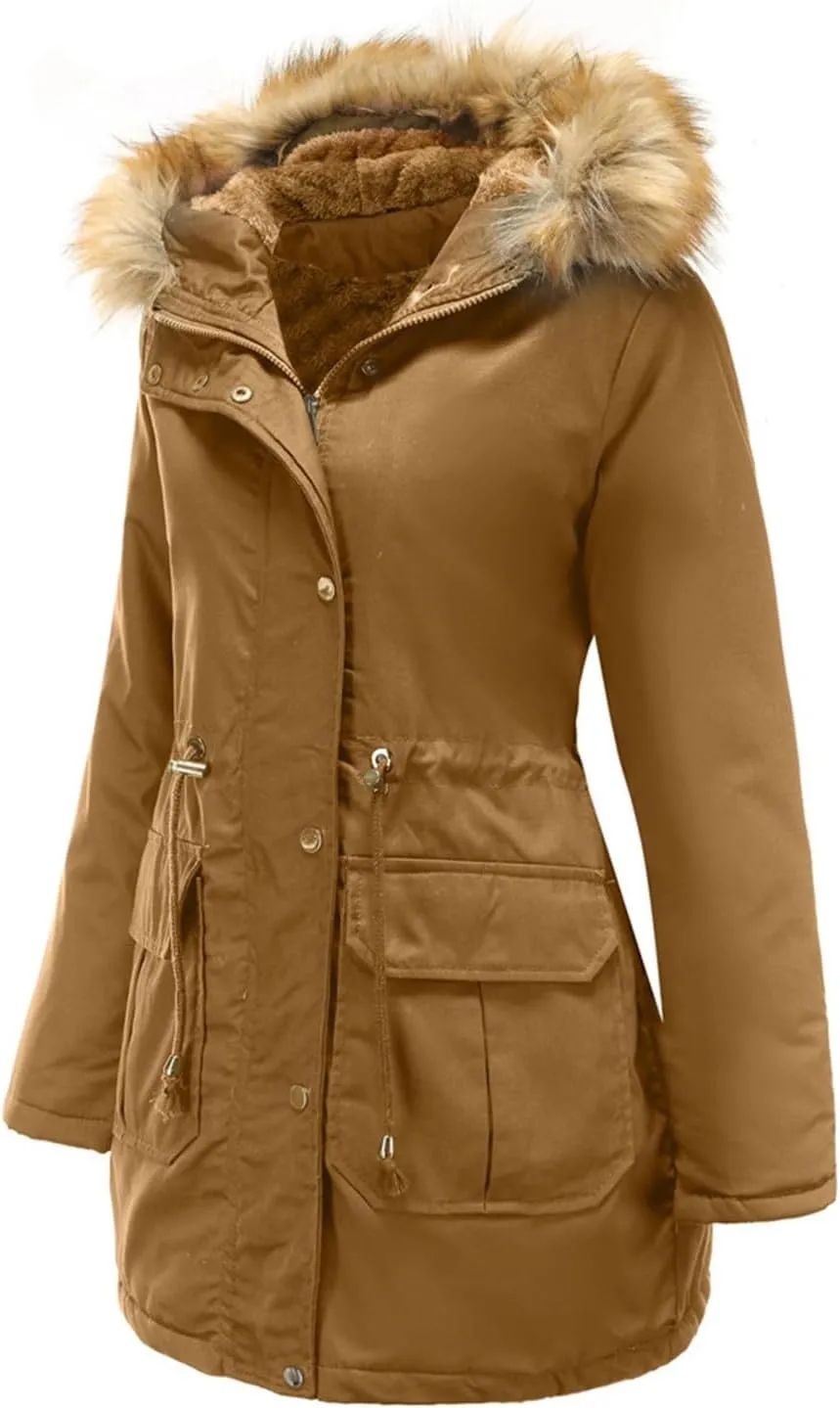 Women's Packable Lightweight Puffer Jacket Ladies Padded Thermal Overcoat with Faux Hooded Waterproof Faux Fur