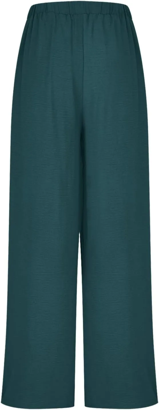Women's Palazzo Pants Summer Stylish Casual High Waisted Cotton Linen Trousers Loose Pleated Wide Leg Paperbag Slacks