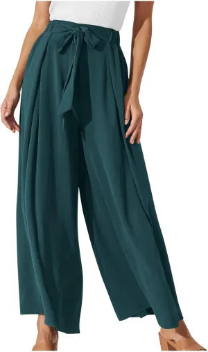 Women's Palazzo Pants Summer Stylish Casual High Waisted Cotton Linen Trousers Loose Pleated Wide Leg Paperbag Slacks