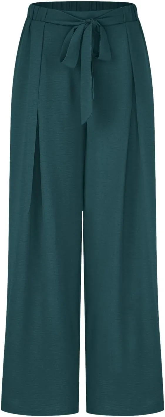 Women's Palazzo Pants Summer Stylish Casual High Waisted Cotton Linen Trousers Loose Pleated Wide Leg Paperbag Slacks