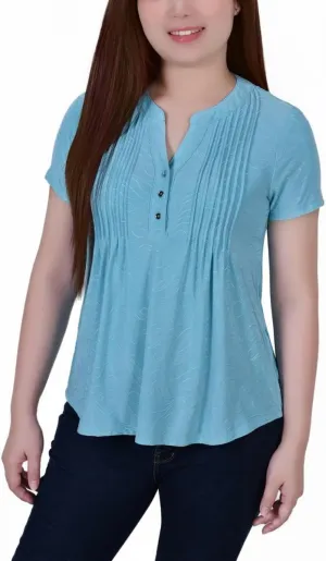 Womens Petites Y-Neck Jacquard Blouse