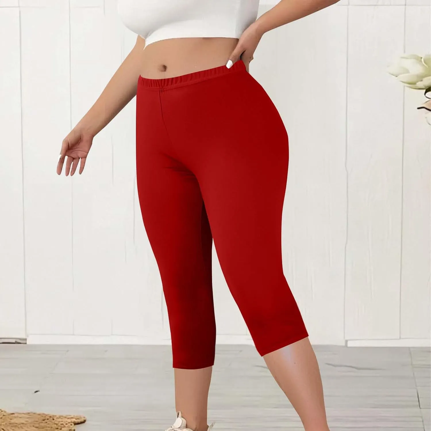 Women's Plus Size Capris Leggings High Waist Tummy Control Pants Soft Stretchy Yoga Workout Capped Pants