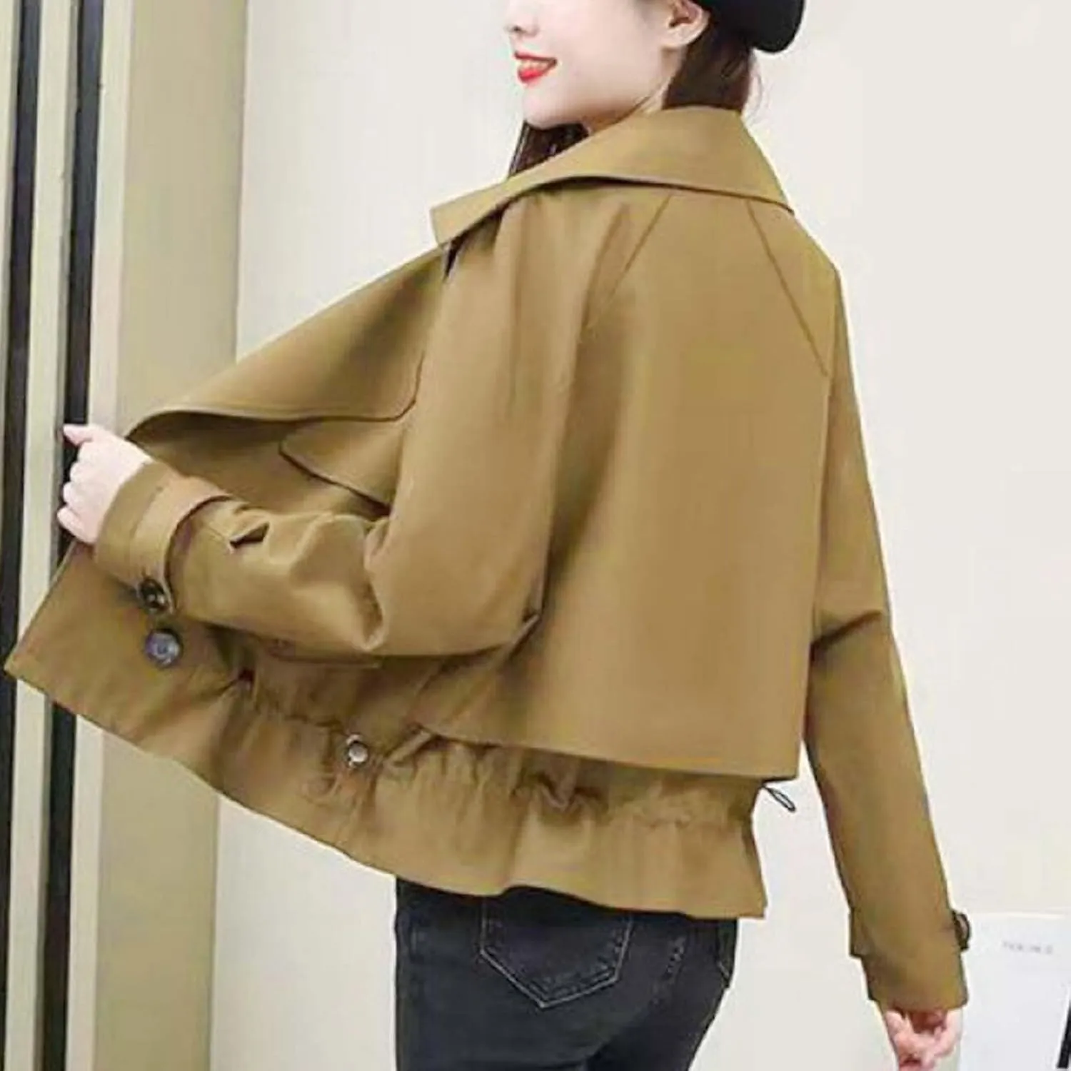Women's Plus Size Korean Style Short Fashion Trench Coat Casual Notched Lapel Double Breasted Loose Cropped Jacket