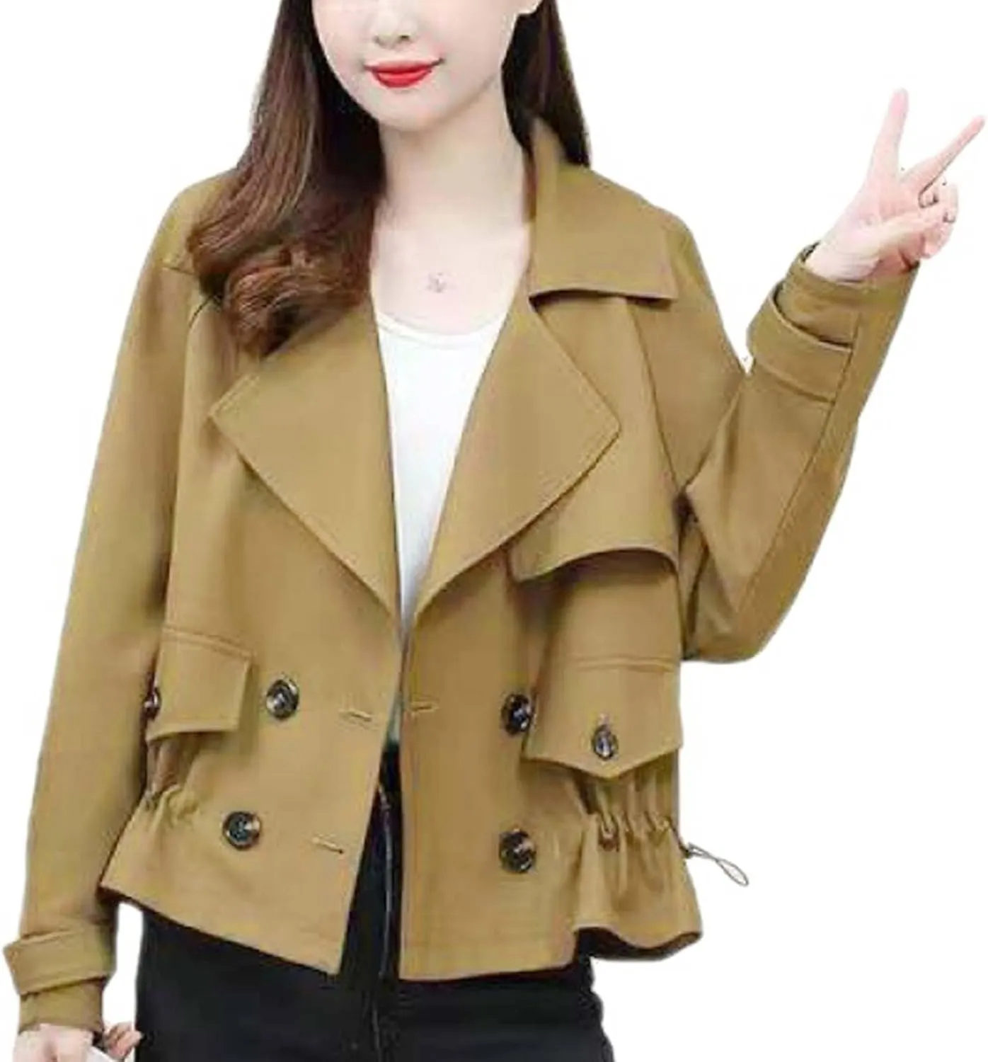 Women's Plus Size Korean Style Short Fashion Trench Coat Casual Notched Lapel Double Breasted Loose Cropped Jacket