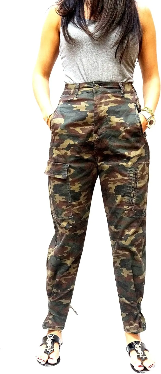 Womens Premium Cargo Paperbag Belt tie high Waisted Skinny Camoflage Jeans Pants