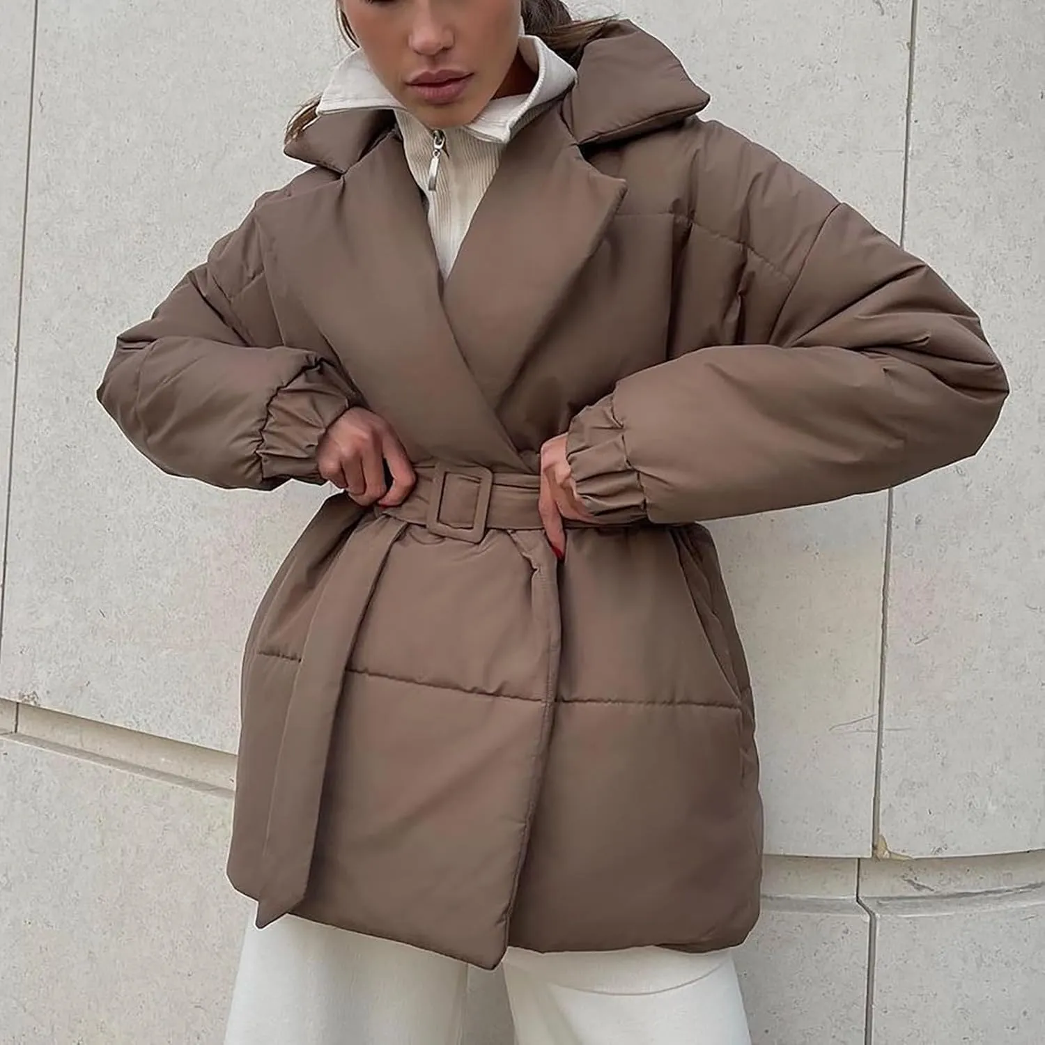 Women's Puffer Jacket with Belt 2024 Lightweight Down Oversized Coats Warm Winter Outwear Padded Quilted Overcoat