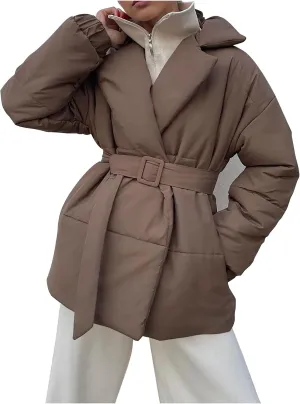 Women's Puffer Jacket with Belt 2024 Lightweight Down Oversized Coats Warm Winter Outwear Padded Quilted Overcoat
