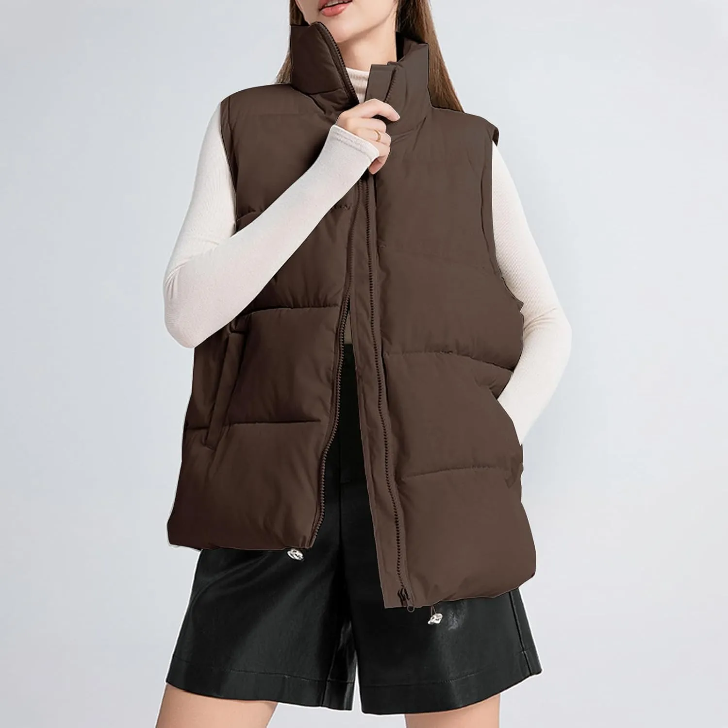 Women's Puffer Vest Sleeveless Lightweight Bomber Jacket Packable Sherpa Down Coat Warm Quilted Vest with Pocket
