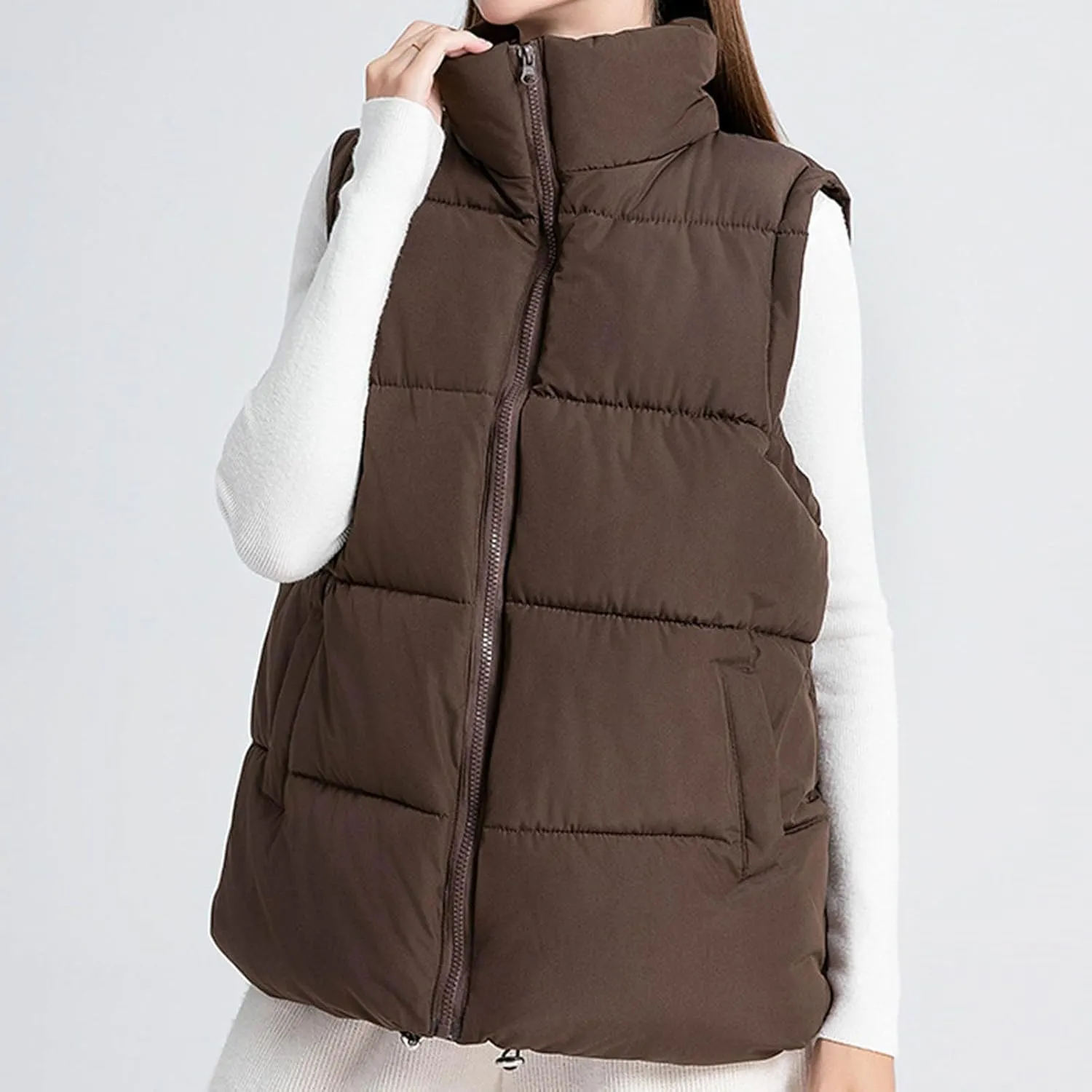 Women's Puffer Vest Sleeveless Lightweight Bomber Jacket Packable Sherpa Down Coat Warm Quilted Vest with Pocket