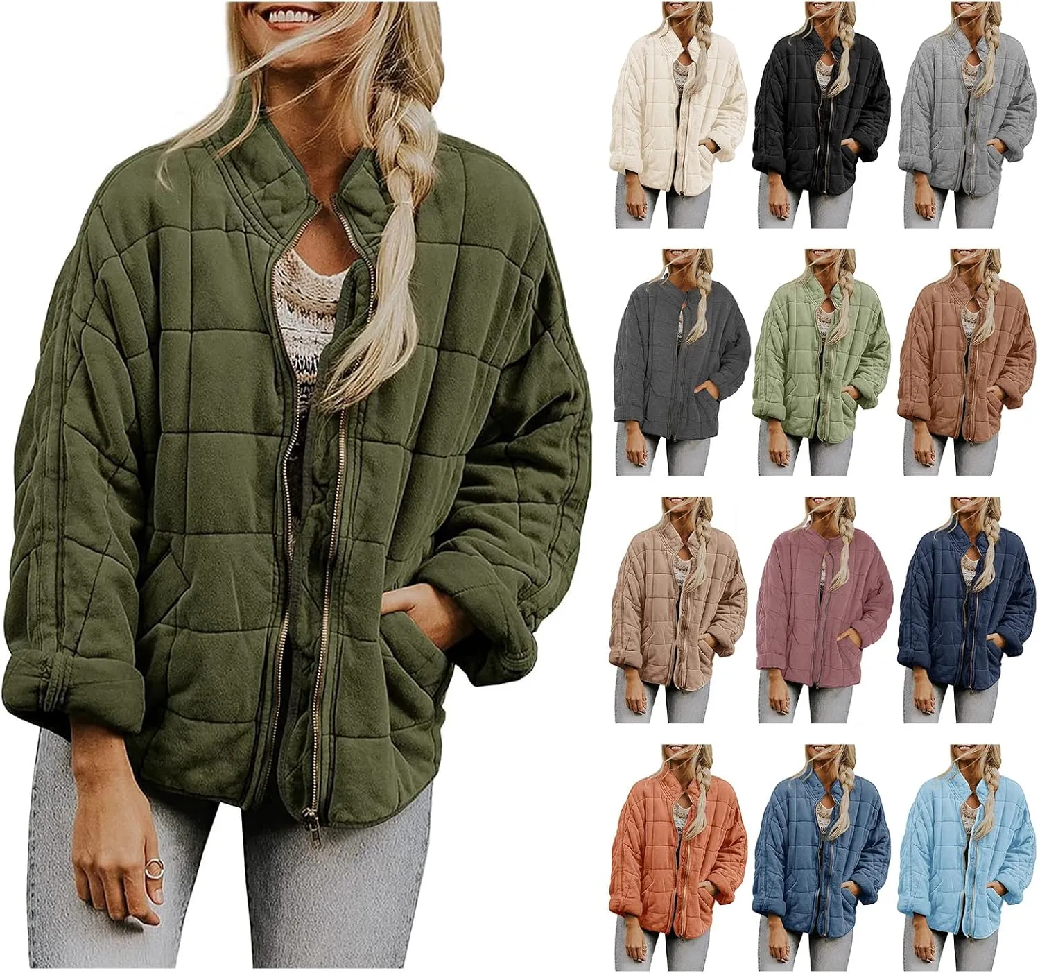 Womens Quilted Puffer Jackets Baggy Lightweight Zipper Button Short Padded Down Coats Warm Outwear Tops with Pockets