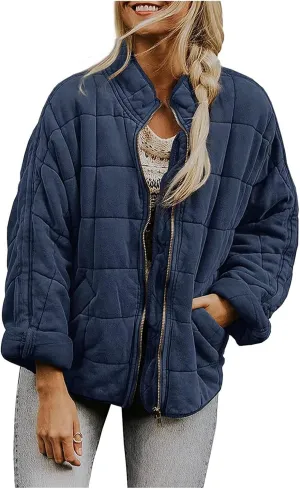 Womens Quilted Puffer Jackets Baggy Lightweight Zipper Button Short Padded Down Coats Warm Outwear Tops with Pockets