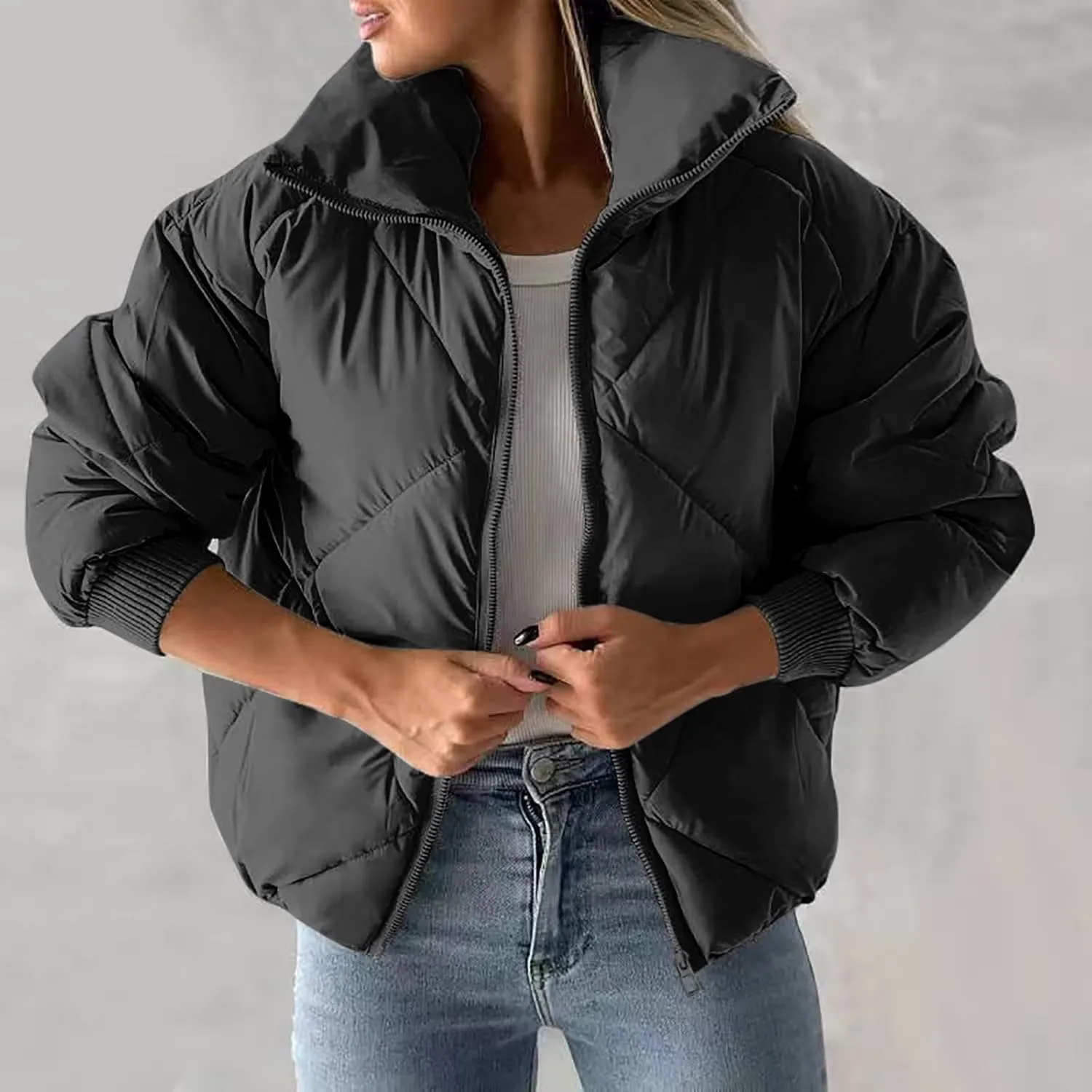 Womens Quilted Puffer Jackets Fashion Zip up Puffer Jacket Winter Warm Padded down Coat Stand Collar Windbreaker Jacket