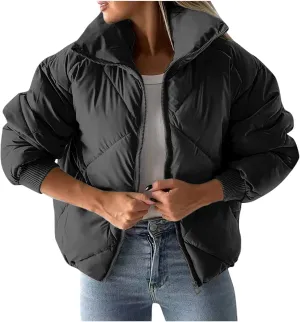 Womens Quilted Puffer Jackets Fashion Zip up Puffer Jacket Winter Warm Padded down Coat Stand Collar Windbreaker Jacket