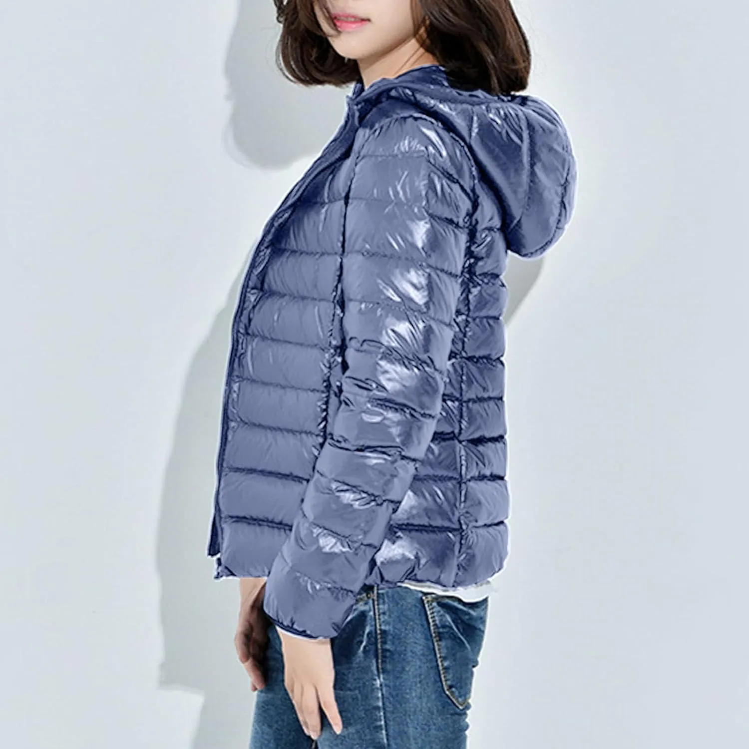 Womens Quilted Puffer Jackets Lightweight Dolman Down Jacket Full Zipper Oversized Winter Thermal Coat Pockets