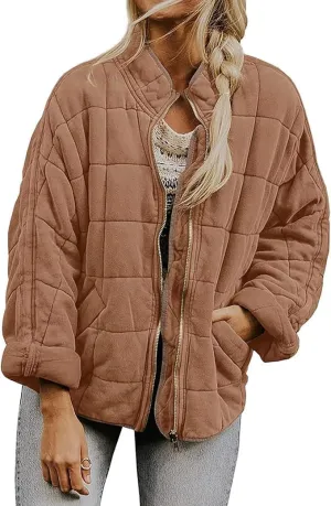 Womens Quilted Puffer Jackets Lightweight Dolman Sleeve Down Coats Zipper Oversized Fall Winter Coat Pockets