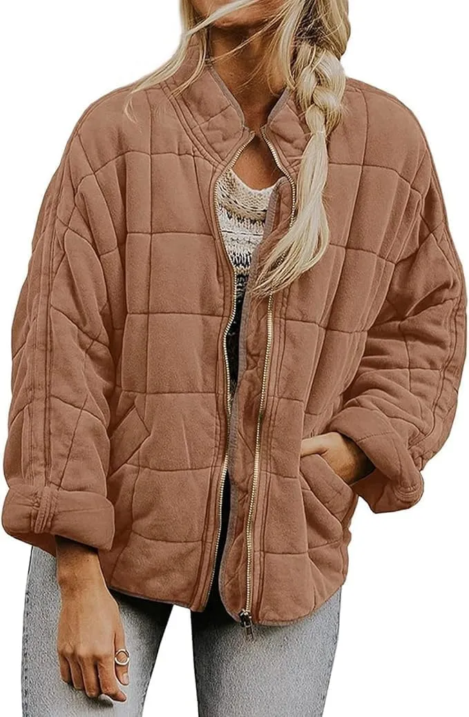 Womens Quilted Puffer Jackets Lightweight Dolman Sleeve Down Coats Zipper Oversized Fall Winter Coat Pockets